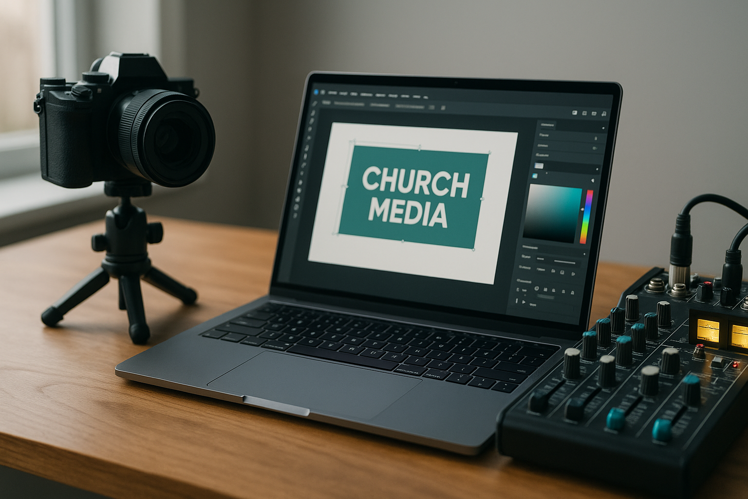Church media workstation with camera, laptop and small audio mixer