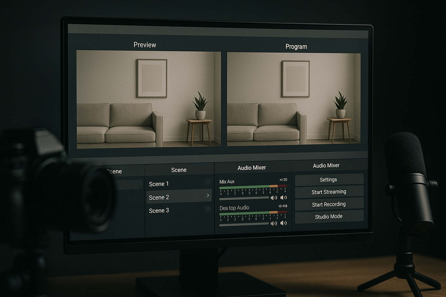 Streaming software interface with multiple scenes and audio meters